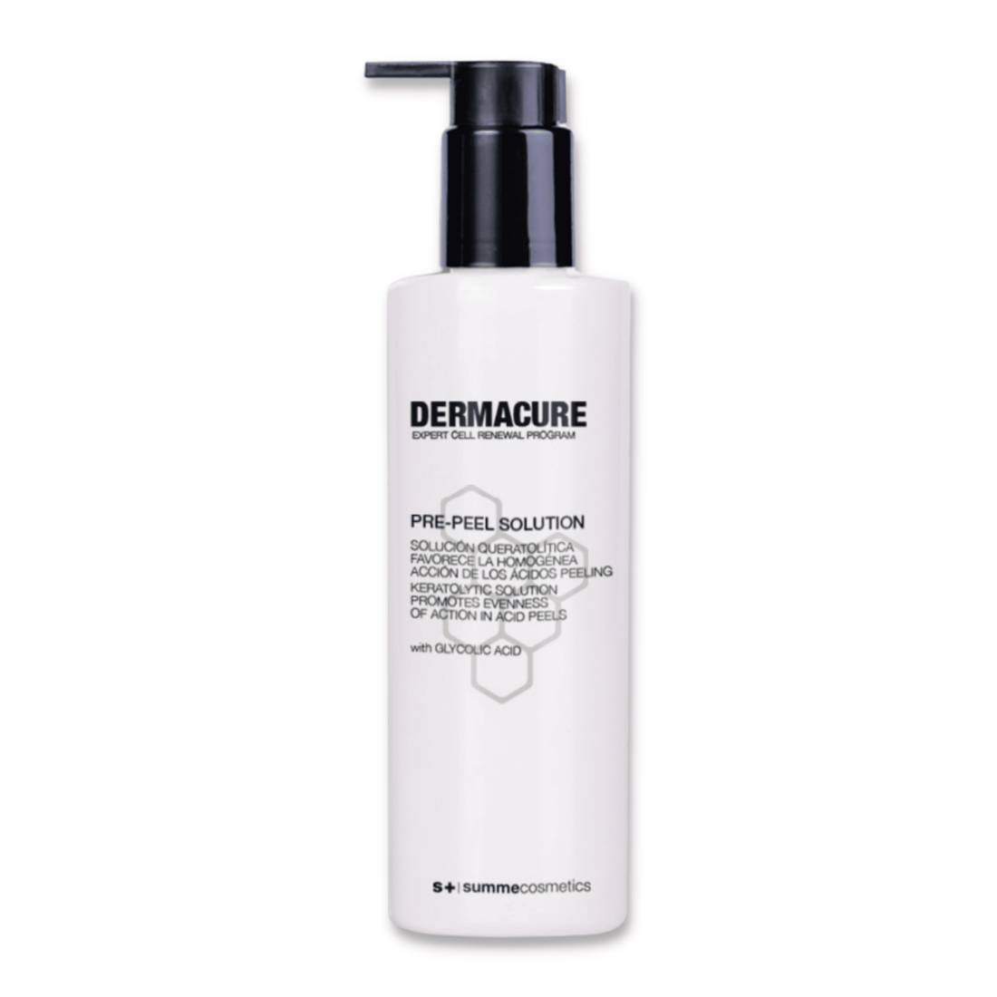 SummeCosmetics Dermacure Pre-Peel Solution bottle with applicator wand, clear liquid in a sleek white and blue packaging.