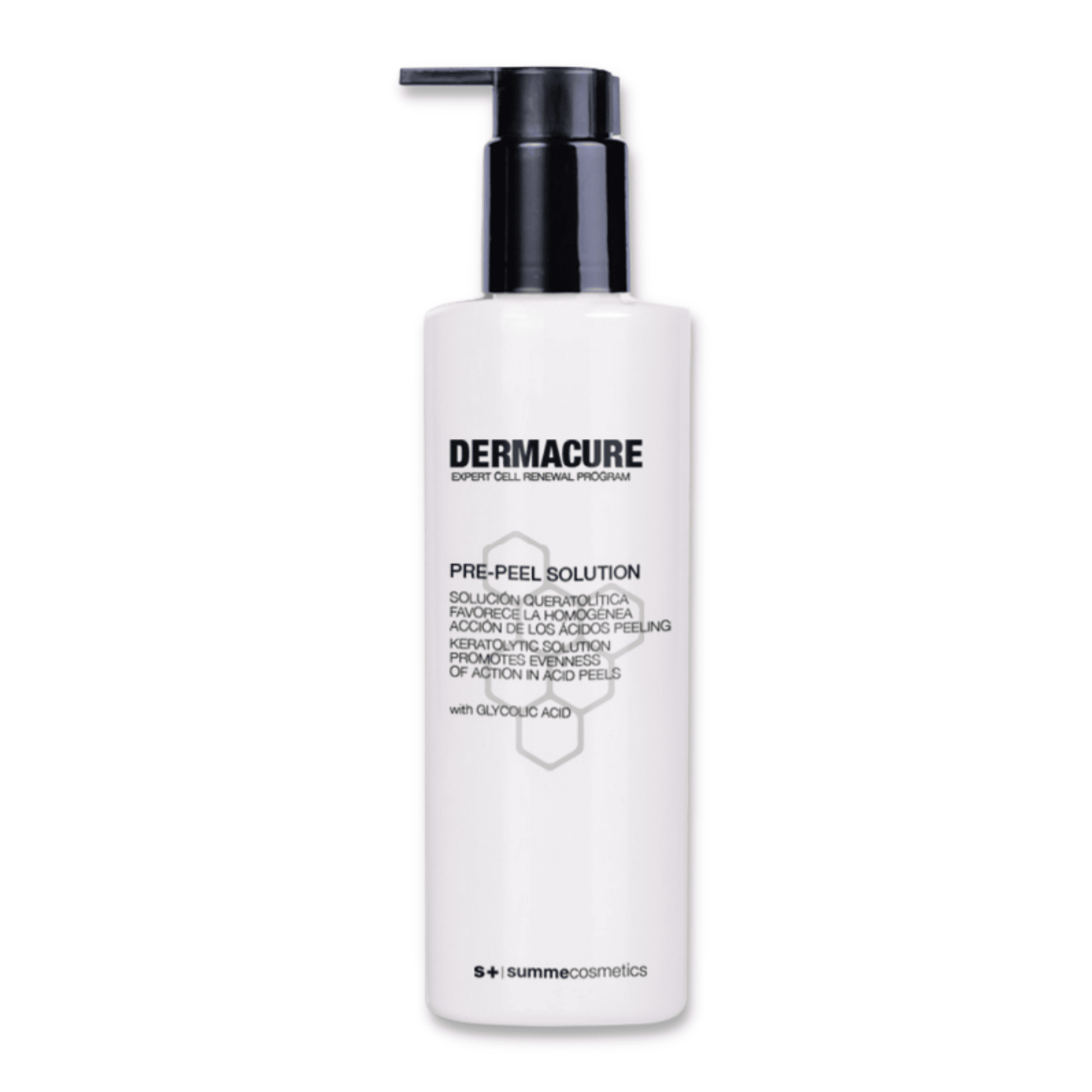 SummeCosmetics Dermacure Pre-Peel Solution bottle with applicator wand, clear liquid in a sleek white and blue packaging.