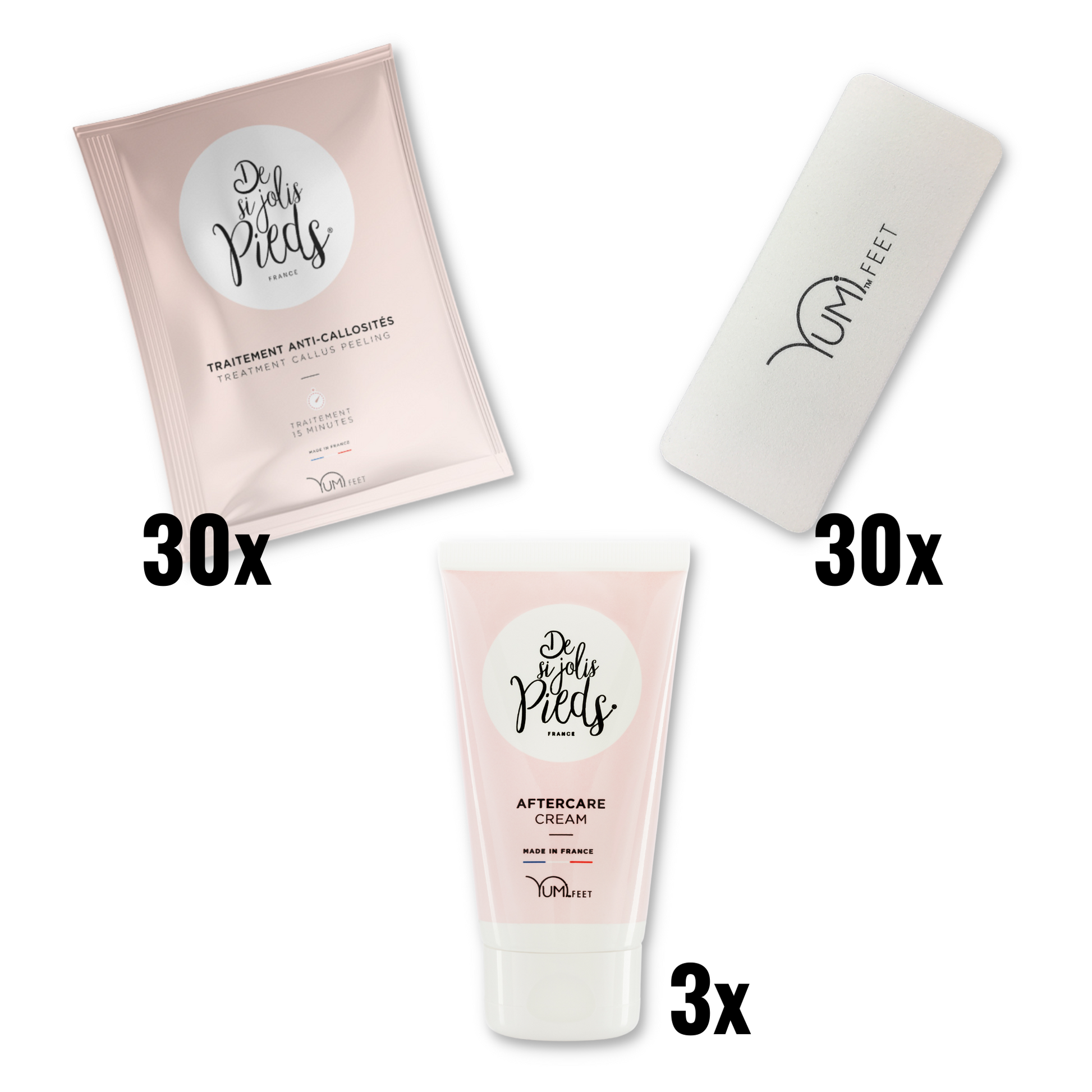 Yumi Feet Reassortment Kit bundle with 30 treatments, includes skincare products and tools for foot care and rejuvenation.