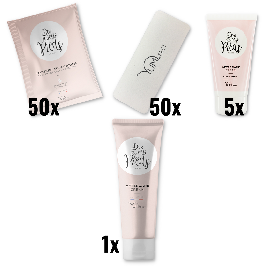 Yumi Feet Reassortment Kit bundle with 50 treatments, includes assorted foot care products for revitalizing and soothing feet.