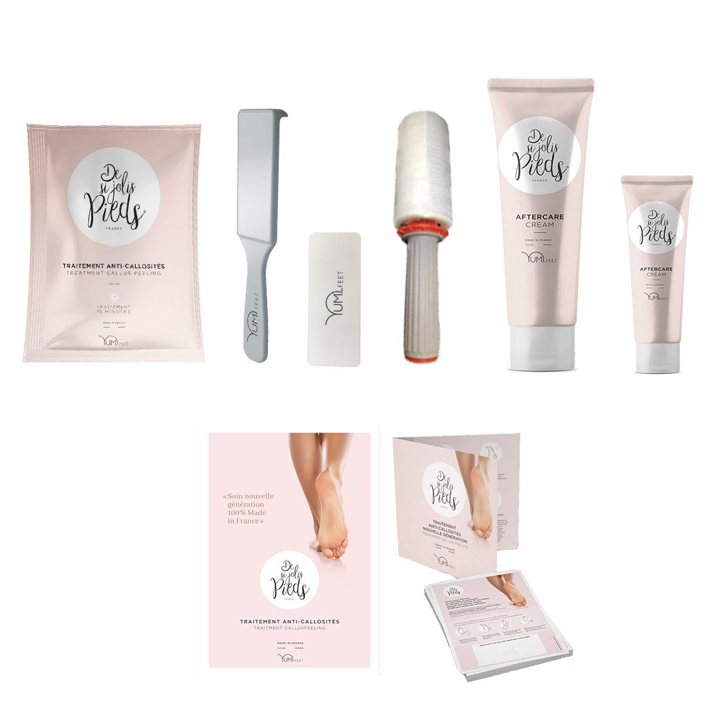 Yumi Feet Starter Kit for foot care, includes tools and products for healthy foot maintenance, displayed on a wooden surface