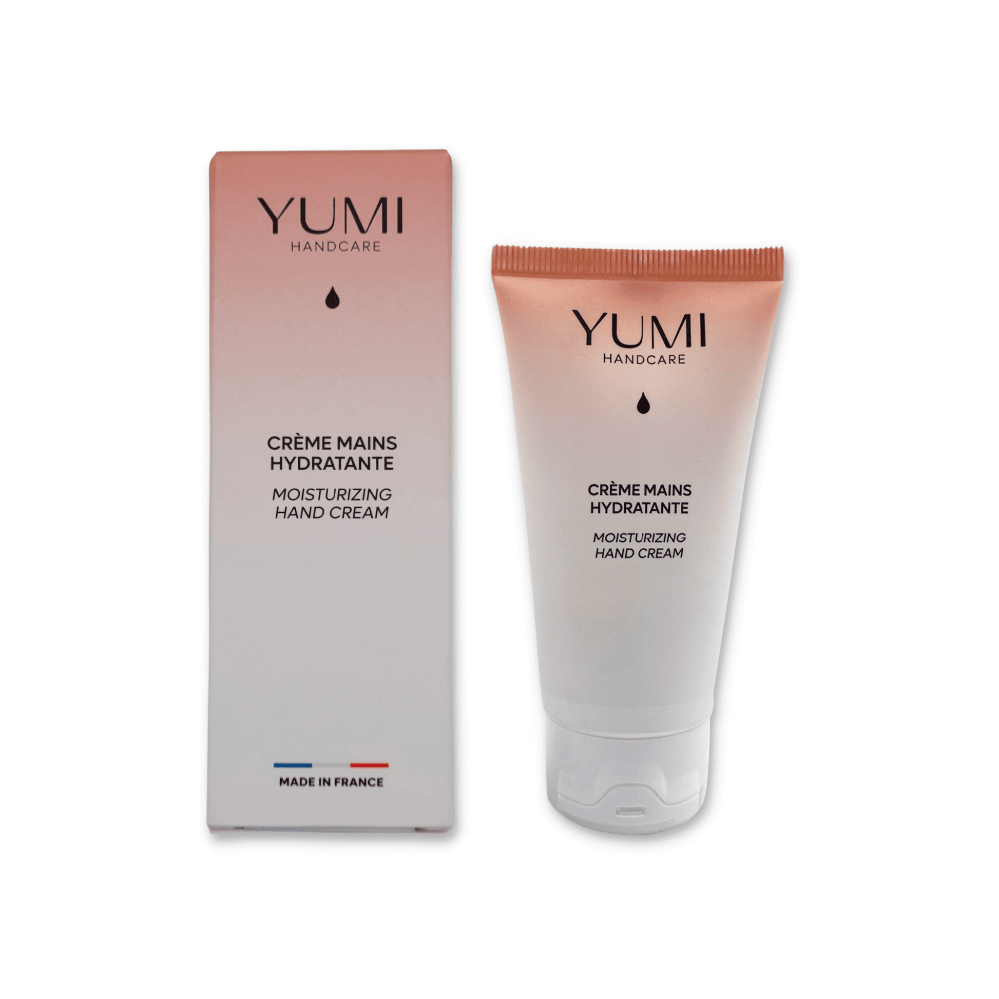Yumi Handcare Moisturizing Hand Cream tube with a white cap and soft cream visible inside, designed for nourishing hand moisture.