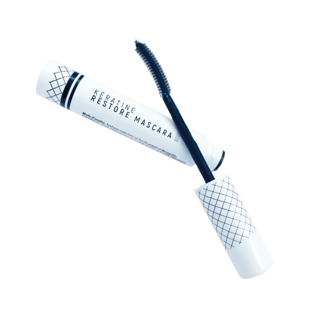 Yumi Lashes Keratine Restore Mascara tube with a black lid and sleek packaging, designed to enhance and restore lash health.