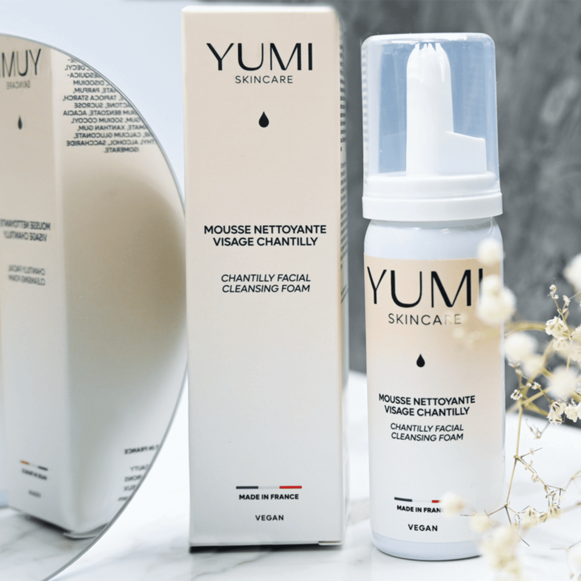 Yumi Skincare Chantilly Facial Cleansing Foam in 50ml bottle, gentle foaming cleanser for clean, refreshed skin