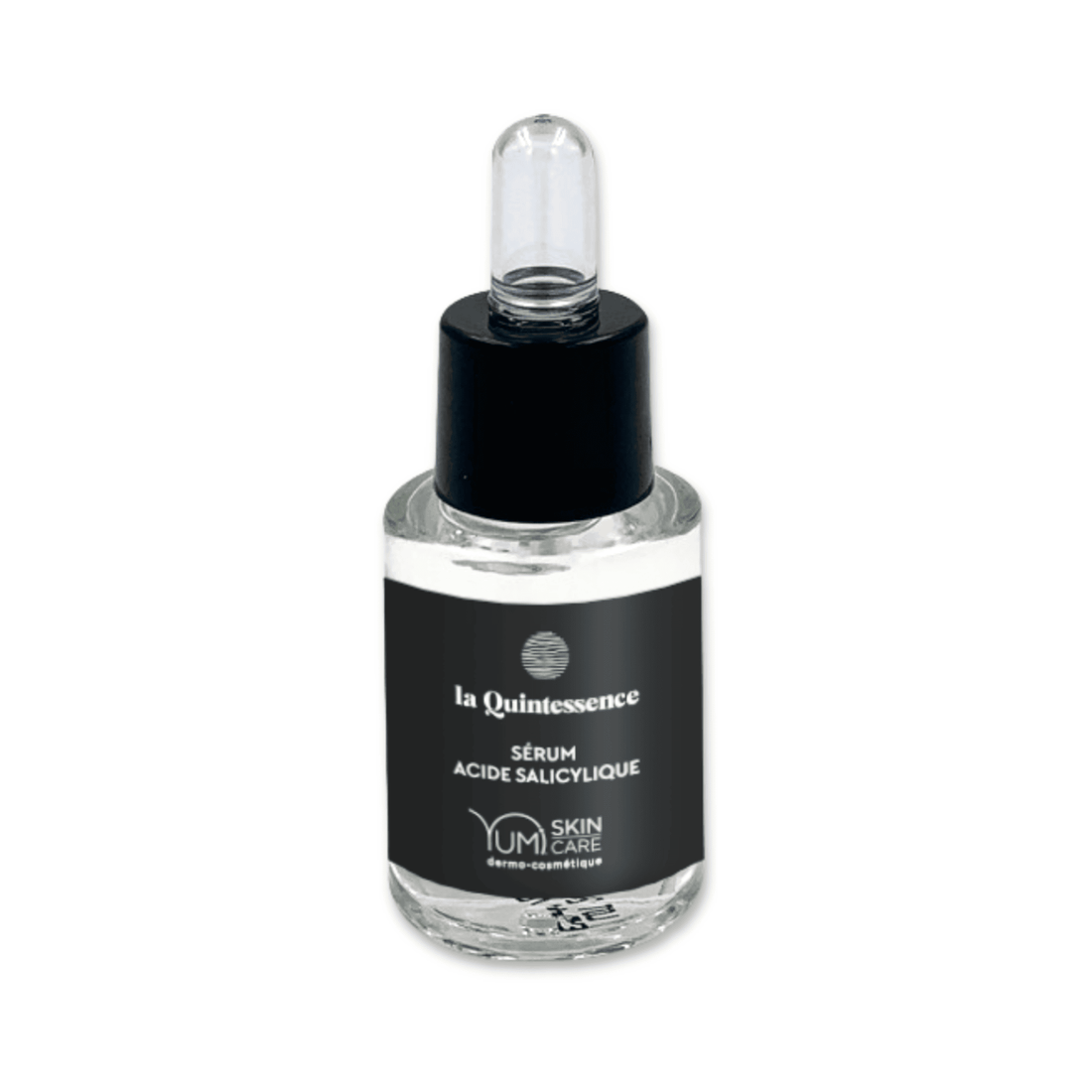 Yumi Skincare La Quintessence Sérum with salicylic acid, clear bottle showing serum inside, for skin care.