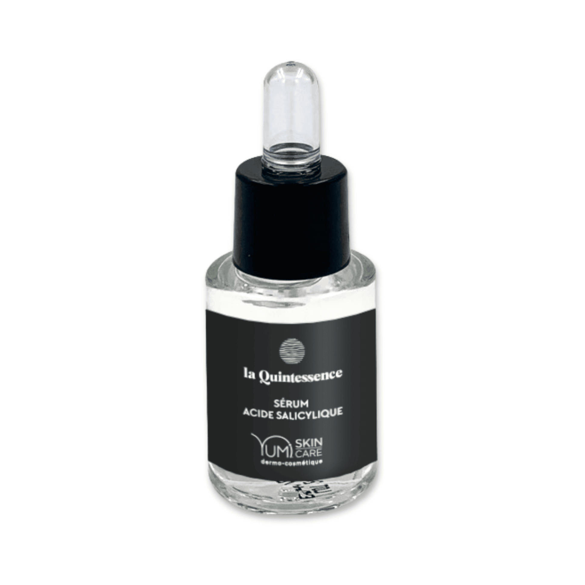 Yumi Skincare La Quintessence Sérum with salicylic acid, clear bottle showing serum inside, for skin care.