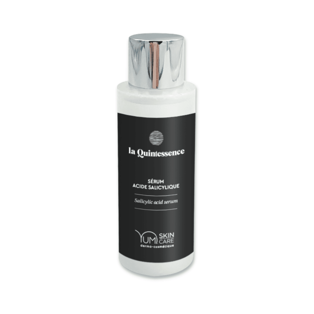 Yumi Skincare La Quintessence Sérum with salicylic acid, clear bottle showing serum inside, for skin care.