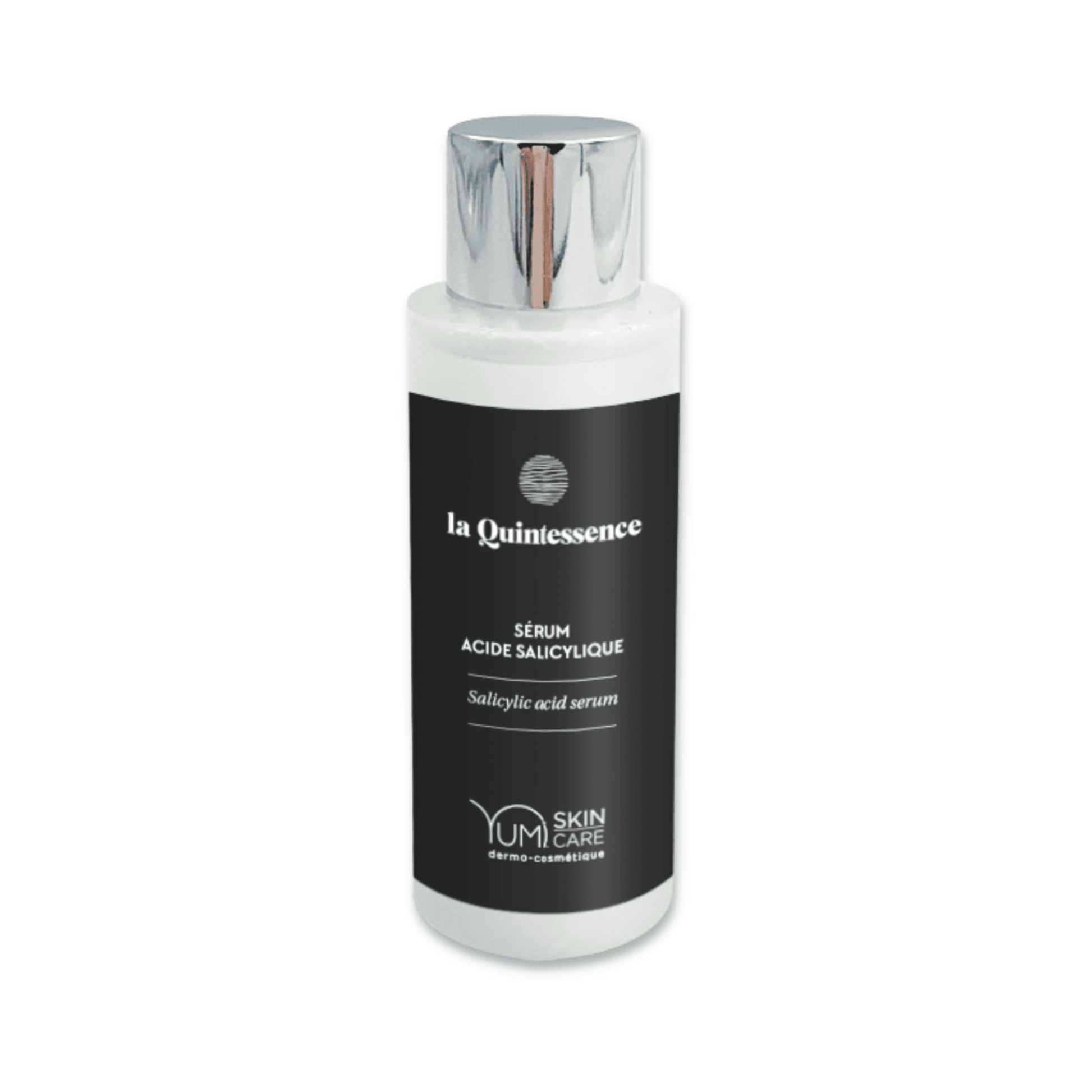 Yumi Skincare La Quintessence Sérum with salicylic acid, clear bottle showing serum inside, skincare product for acne-prone skin.