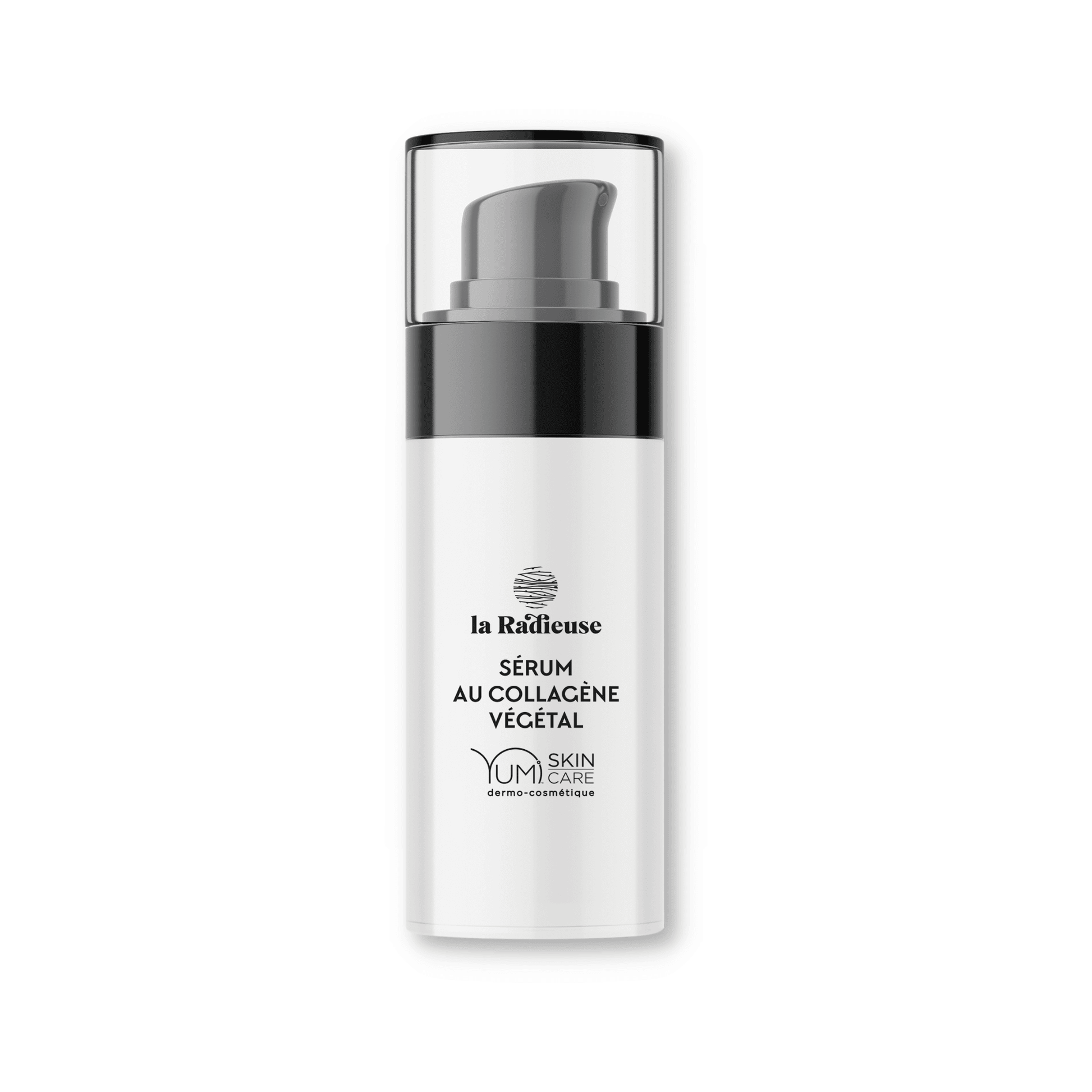 Yumi Skincare La Radieuse Plant Collagen Serum in a 15ml bottle, featuring a clear container and white cap, on a white background.