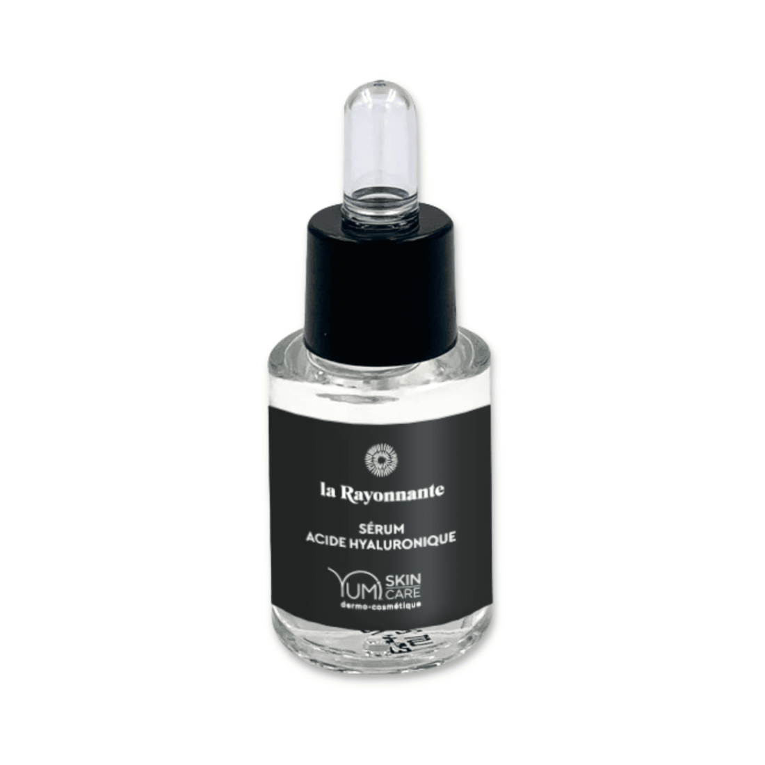 Yumi Skincare La Rayonnante Sérum with hyaluronic acid in a clear glass bottle, showcasing the skincare serum product.