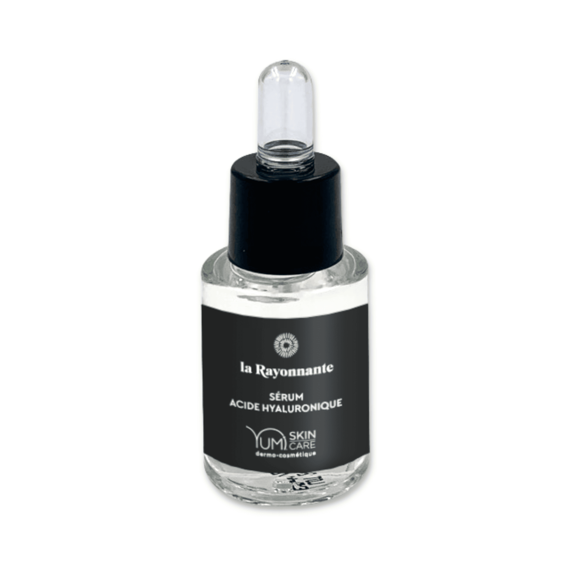 Yumi Skincare La Rayonnante Sérum with hyaluronic acid in a clear glass bottle, showcasing the skincare serum product.