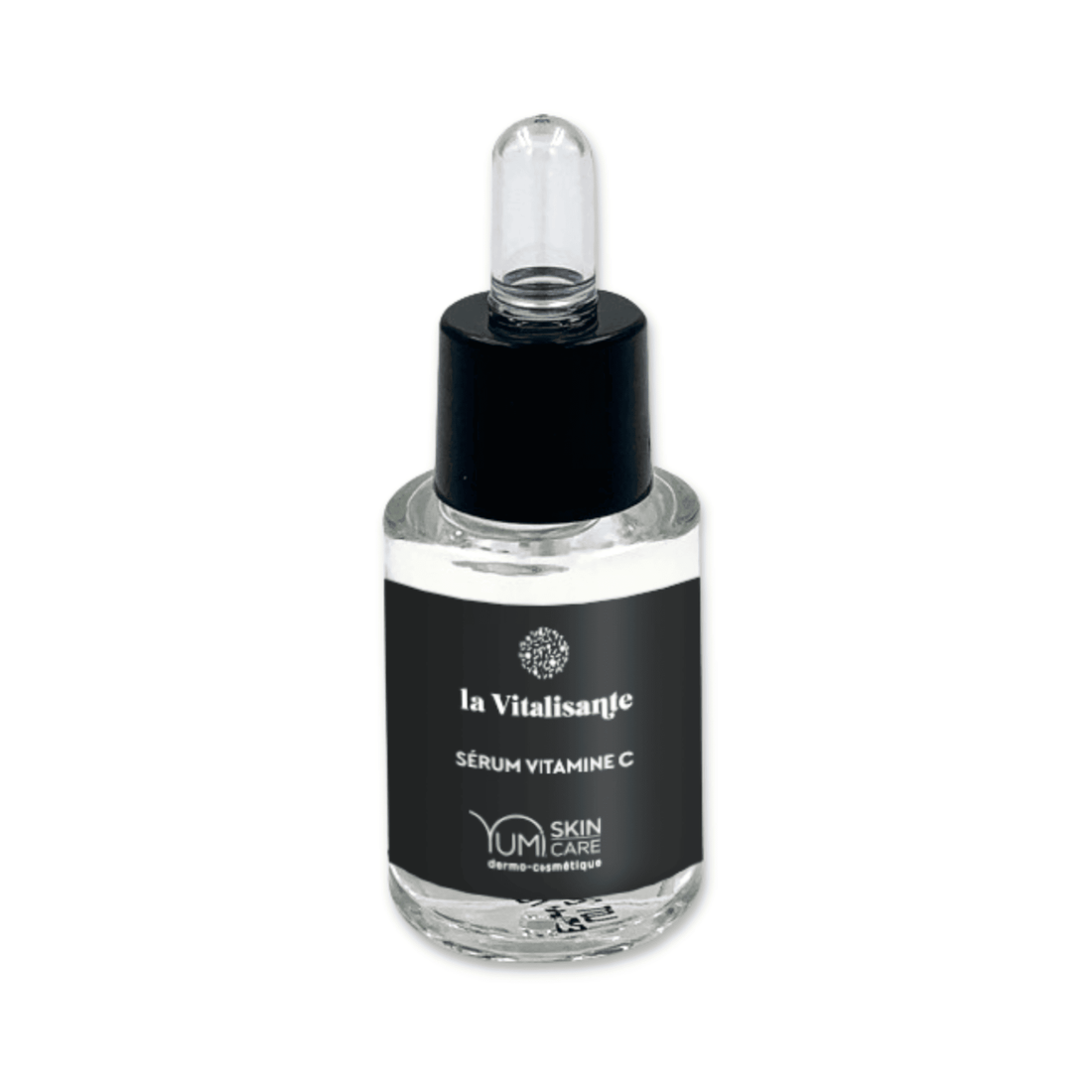 Yumi Skincare La Vitalisante Sérum Vitamine C in a clear glass bottle with a pump dispenser, showcasing bright, fresh packaging.