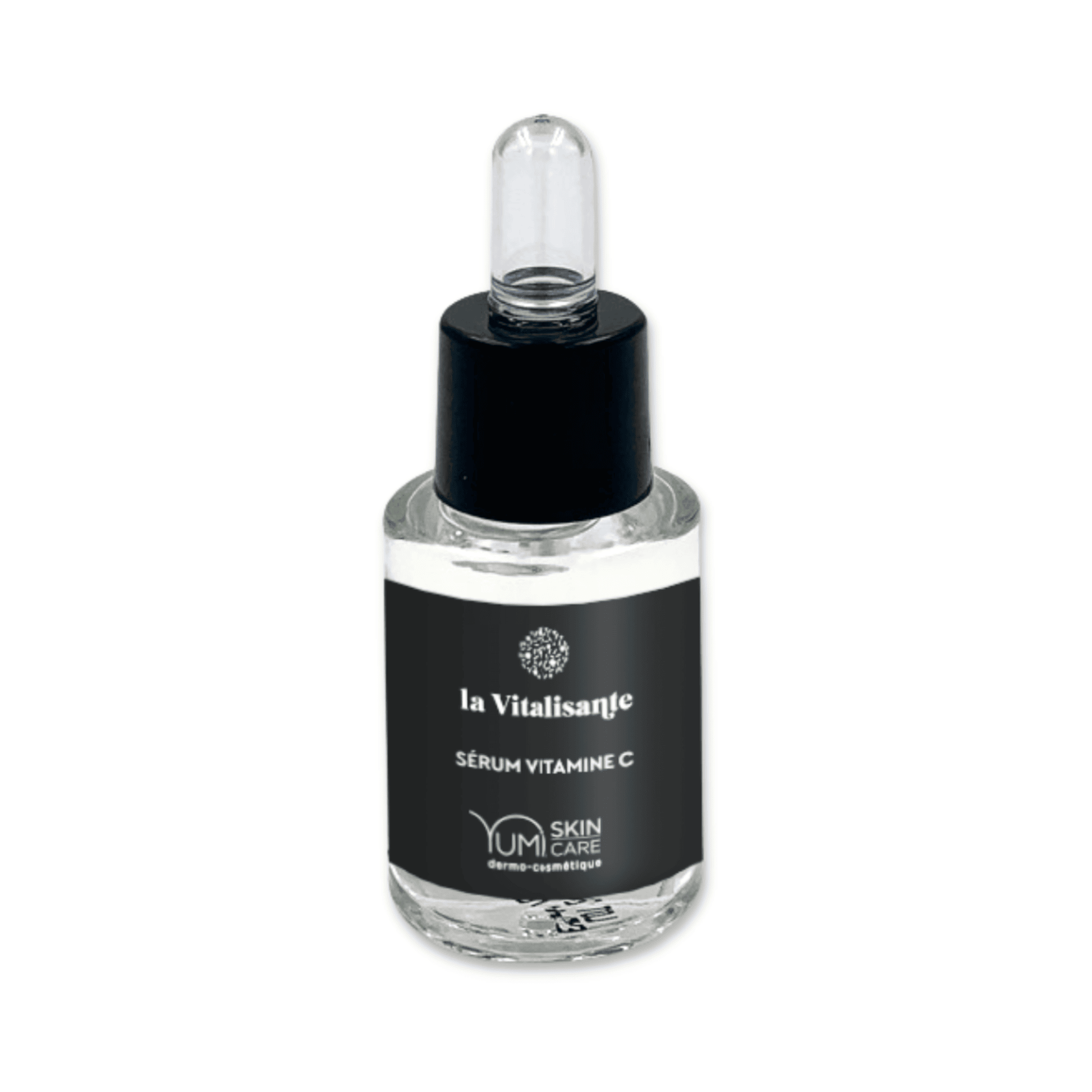 Yumi Skincare La Vitalisante Sérum Vitamine C in a clear glass bottle with a pump dispenser, showcasing bright, fresh packaging.