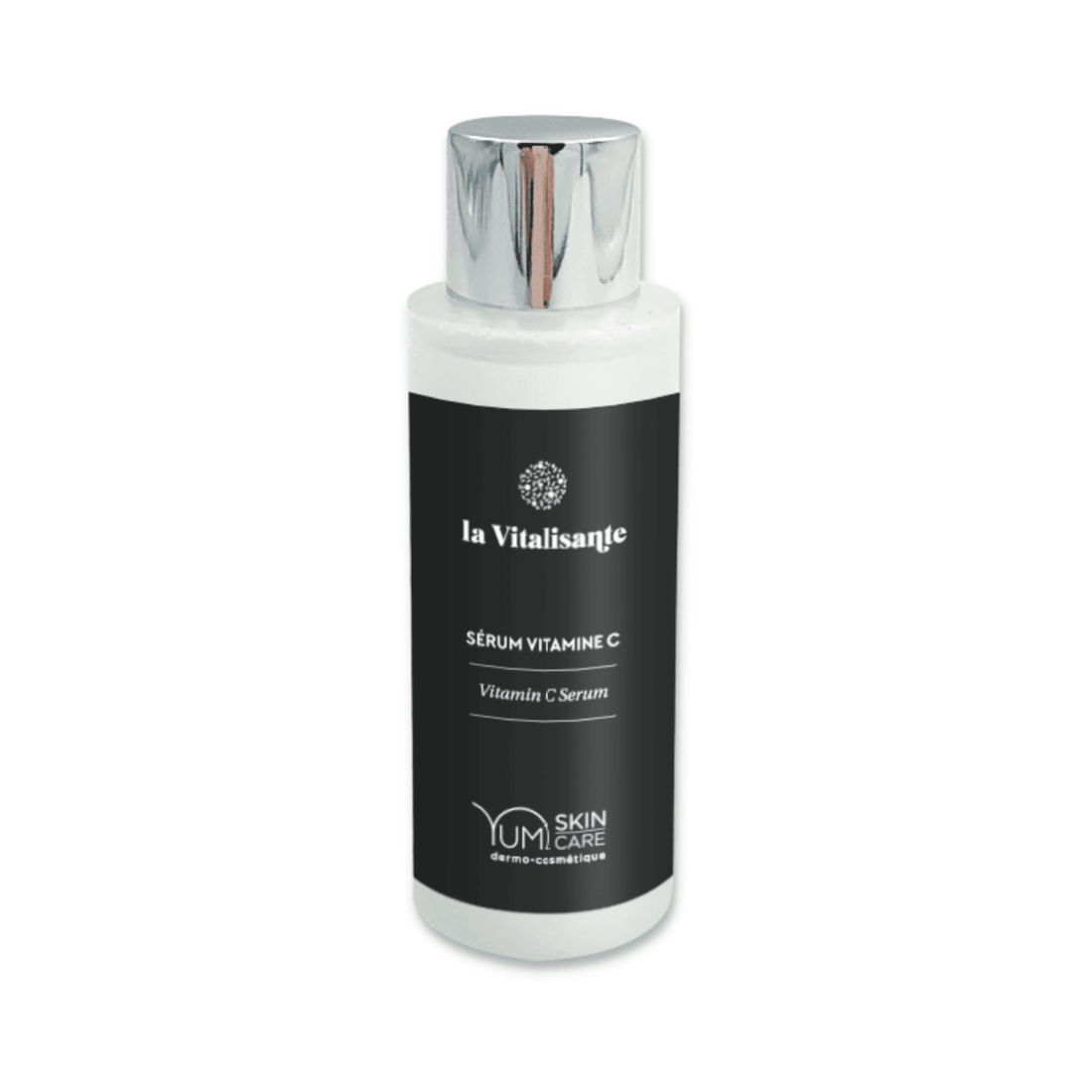Yumi Skincare La Vitalisante Sérum Vitamine C in a clear glass bottle with a pump dispenser, showcasing bright, fresh packaging.
