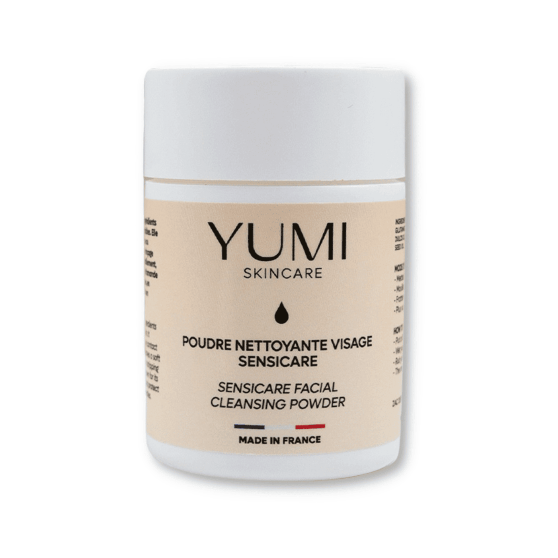 Yumi Skincare Sensicare Facial Cleansing Powder in a white jar, showcasing a gentle, skin care powder for cleansing and exfoliation.