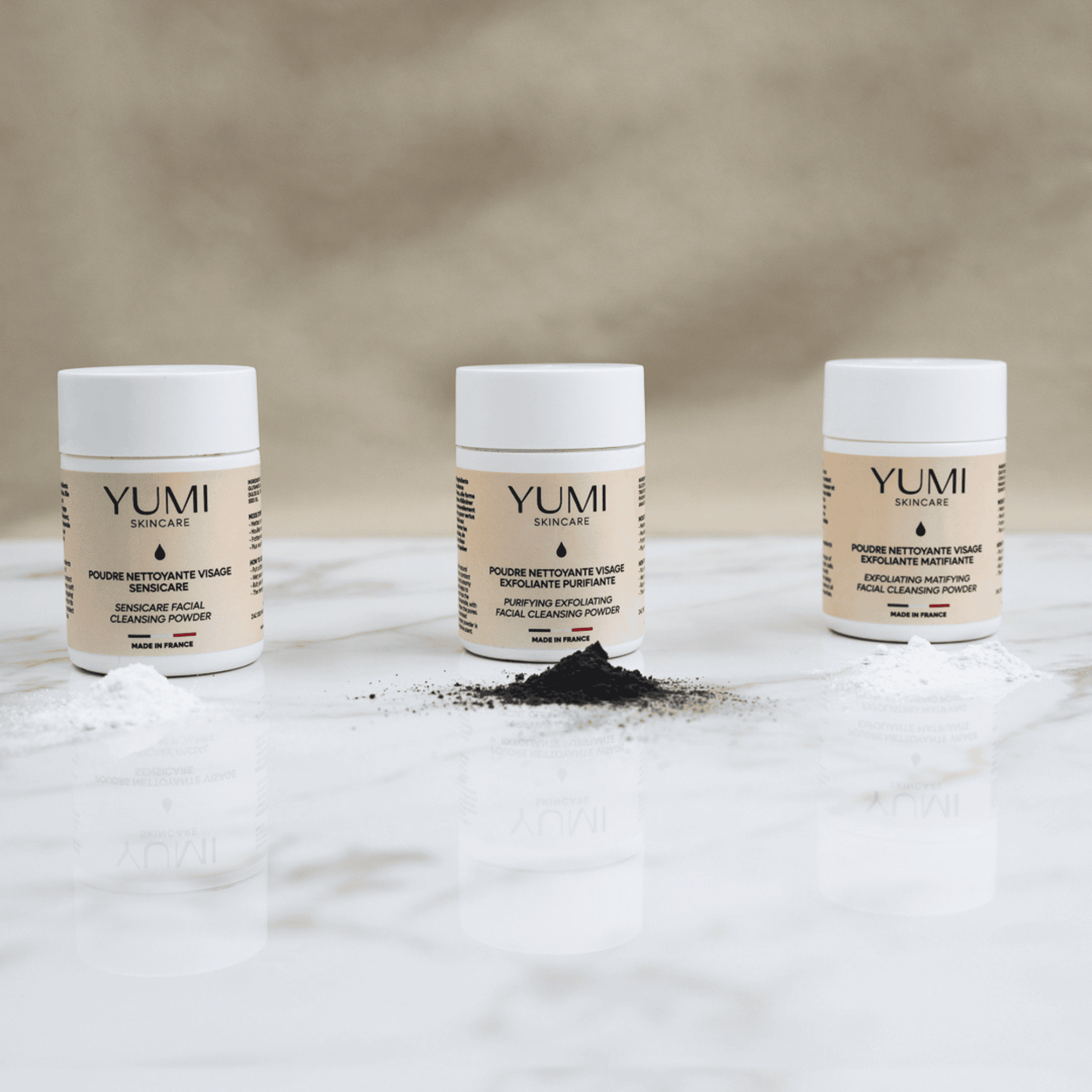 Yumi Skincare Sensicare Facial Cleansing Powder in a white jar, showing the skin care powder used for gentle facial cleansing.