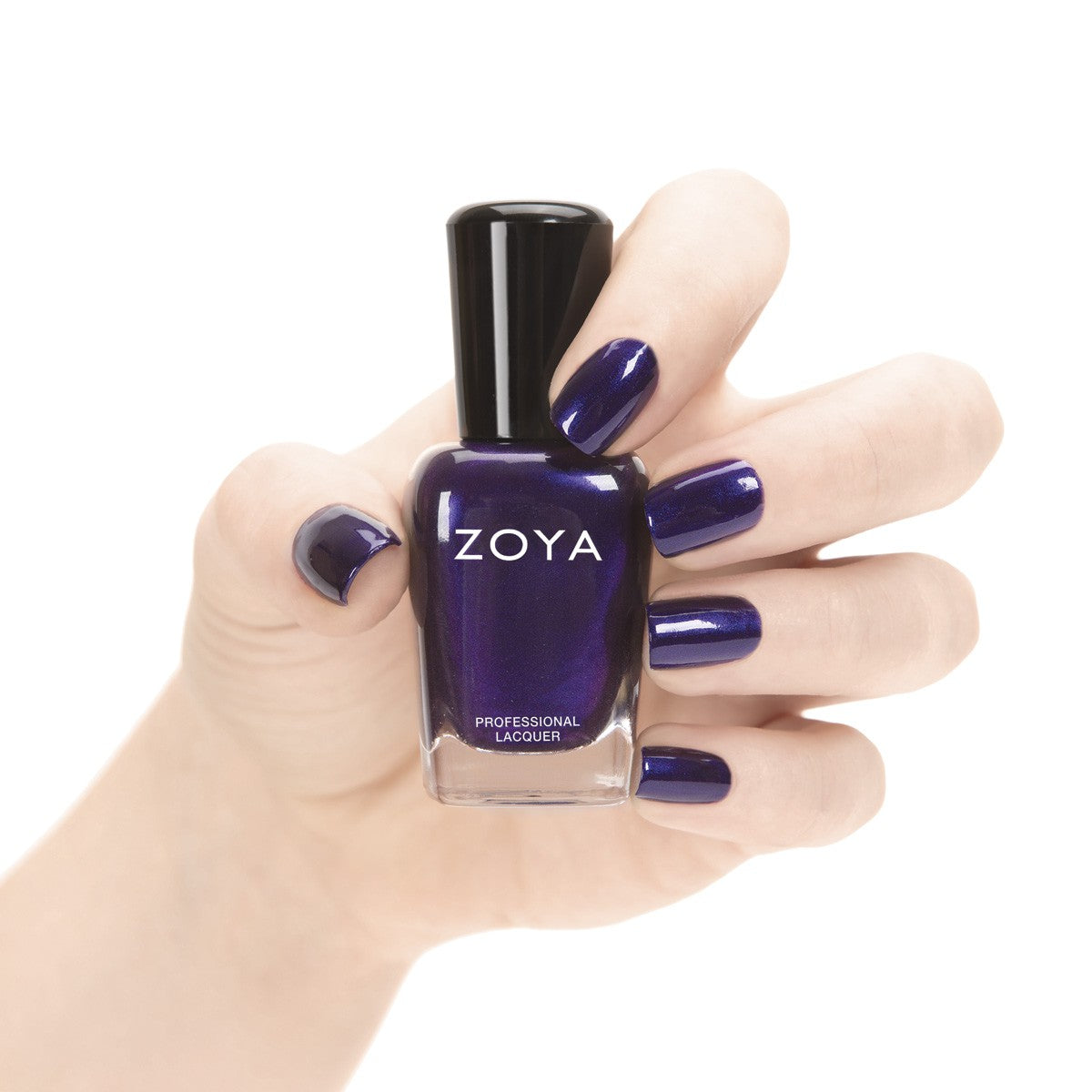 Zoya Belinda nail polish bottle showing the vibrant, deep pink shade with a sleek black cap.