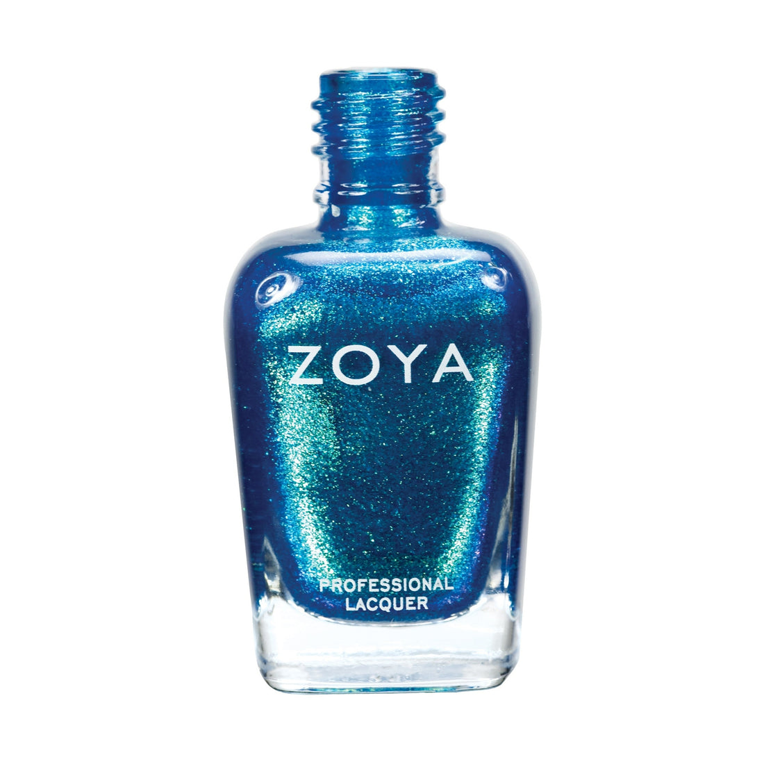 Zoya Charla nail polish bottle with sleek black cap and clear glass showing vibrant, glossy nail polish inside.