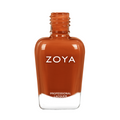 Zoya Cory nail polish bottle with colorful swatches showing a vibrant, glossy nail polish color and branding.