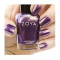 Close-up of Zoya Daul nail polish bottle with vibrant purple shade and smooth finish.