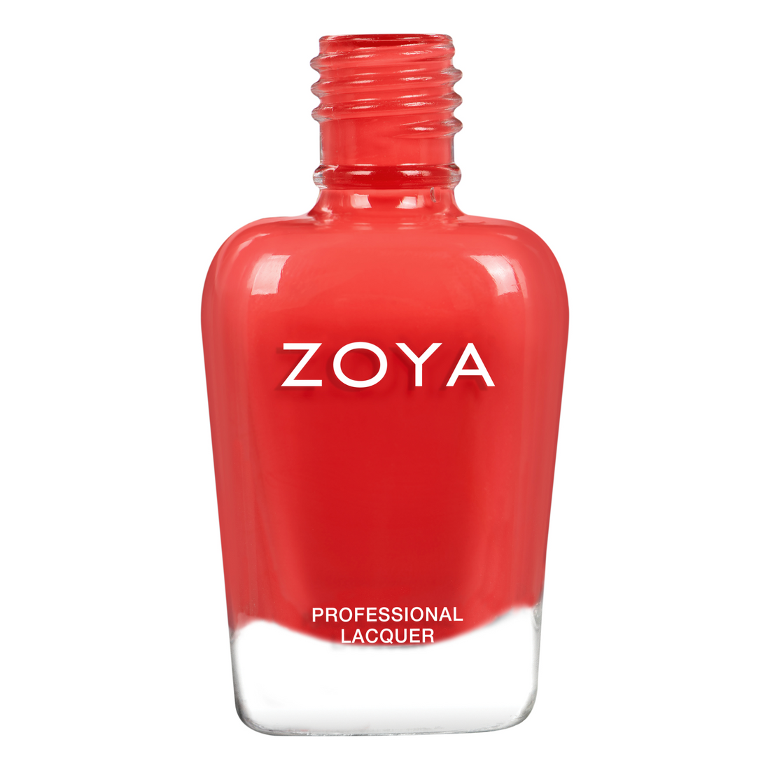 Zoya Desi nail polish bottle with vibrant coral color, featuring a sleek Zoya branding label on the cap.