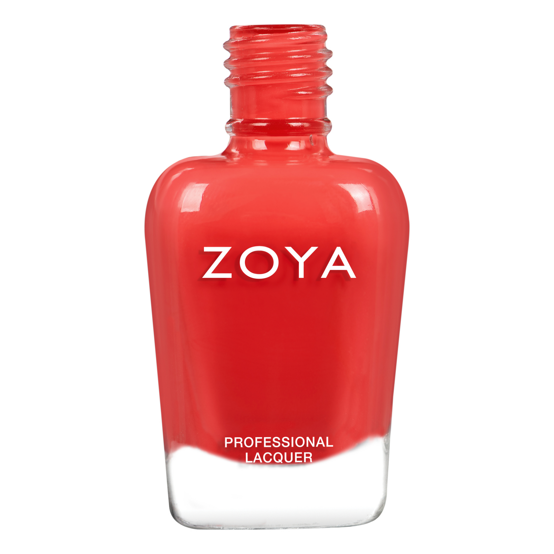 Zoya Desi nail polish bottle with vibrant coral color, featuring a sleek Zoya branding label on the cap.