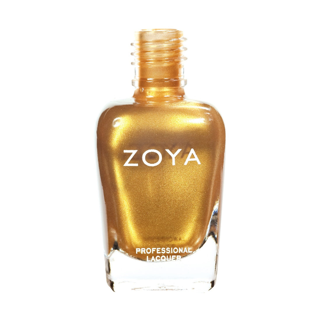 Zoya Goldie nail polish bottle with gold-colored polish and Zoya branding, showcasing a luxurious metallic finish.