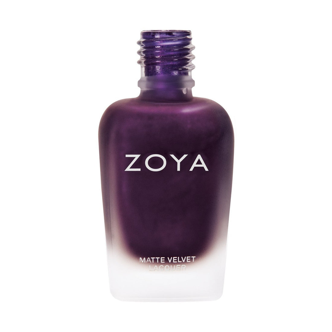 Zoya Iris nail polish bottle with purple and blue shades, featuring a clear glass container and a black cap.