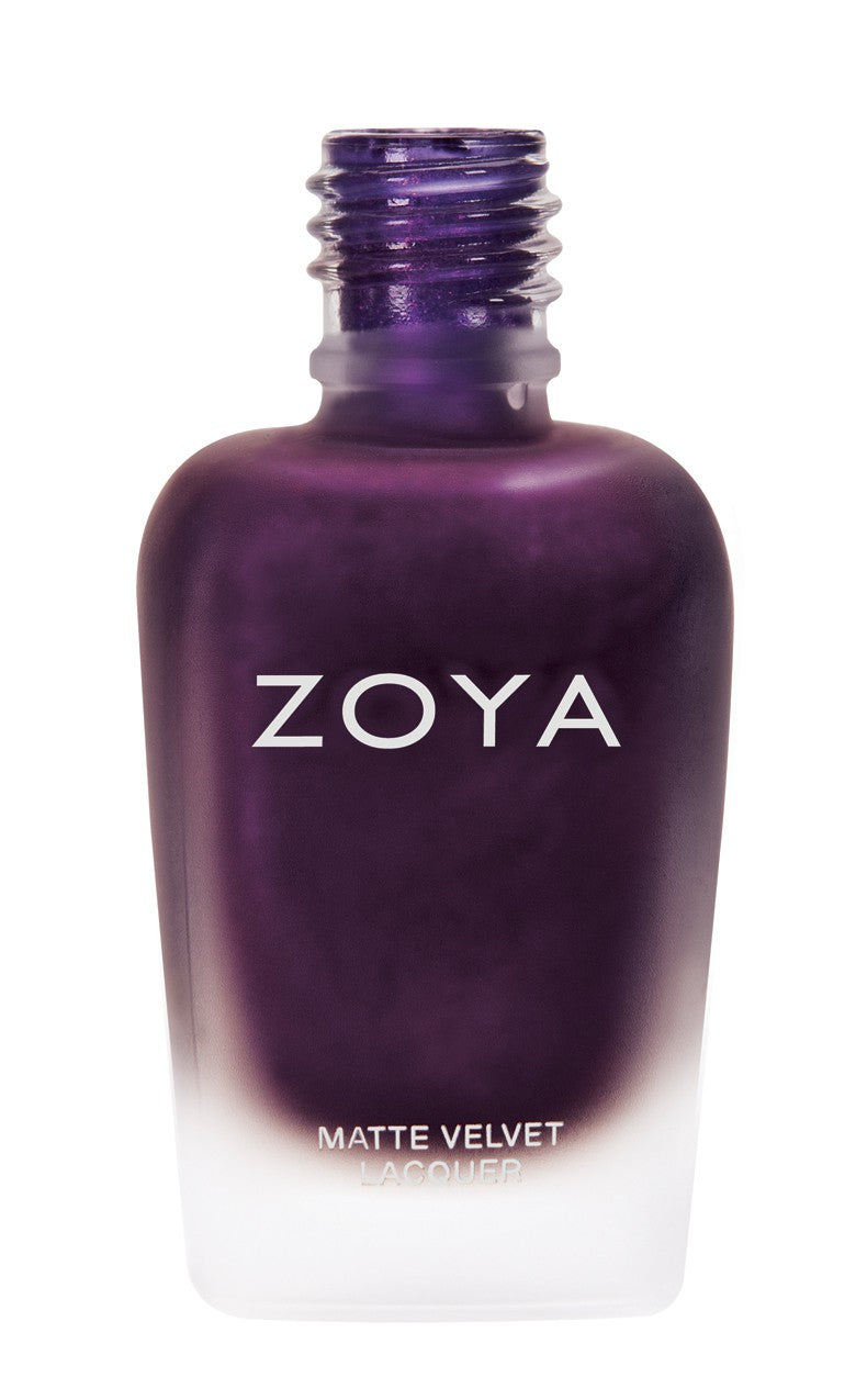 Zoya Iris nail polish bottle with vibrant purple-blue shade and sleek design, showcasing Zoya nail polish line.