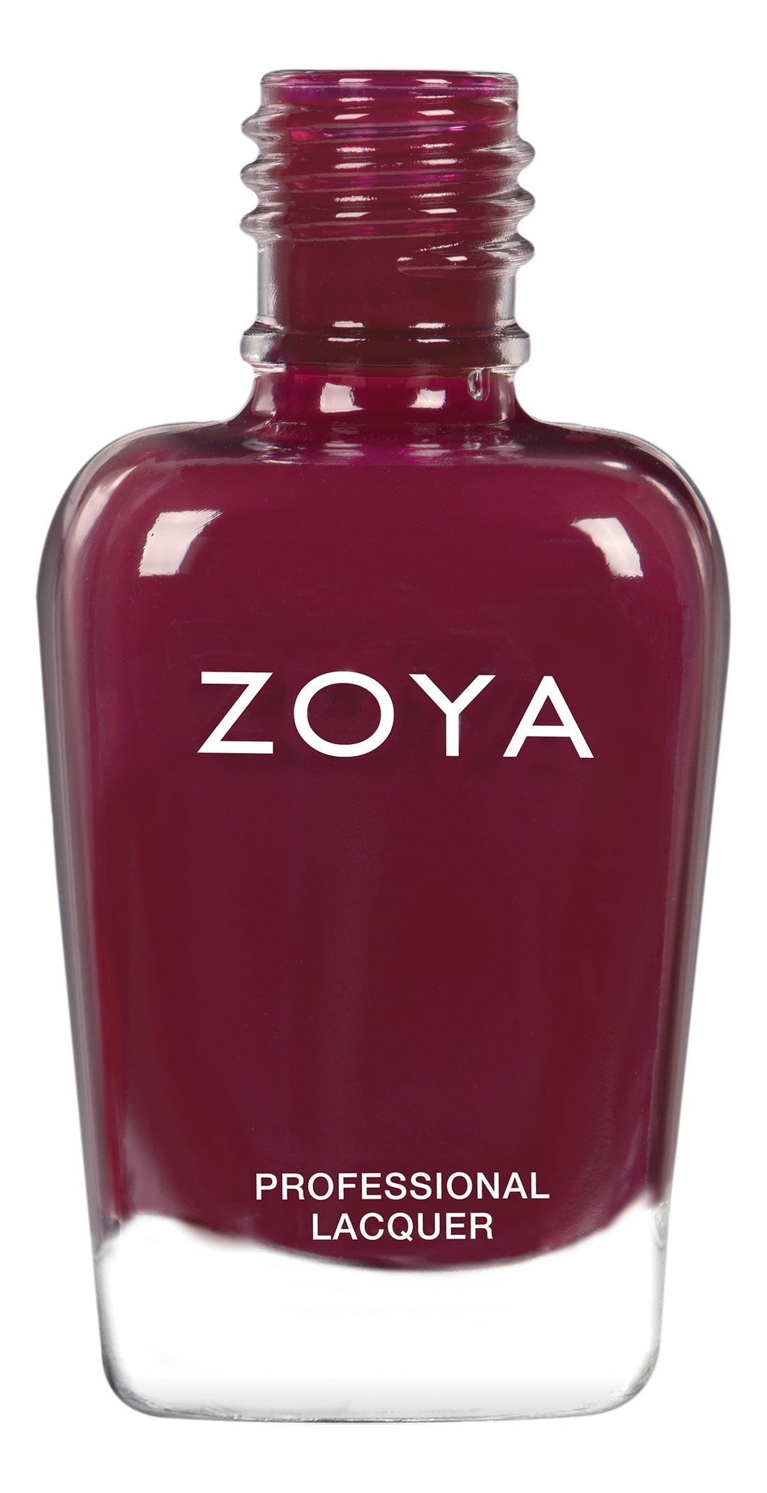Zoya Kendra nail polish bottle with deep red shade and glossy finish, displayed on a neutral background.