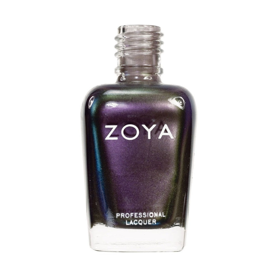 Zoya Ki nail polish bottle with dark purple and shimmer finish, showcasing the Zoya nail polish branding.
