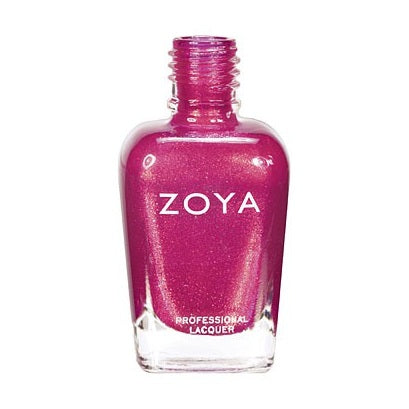 Zoya Kimber nail polish bottle with purple cap and clear glass displaying vibrant purple nail polish inside.