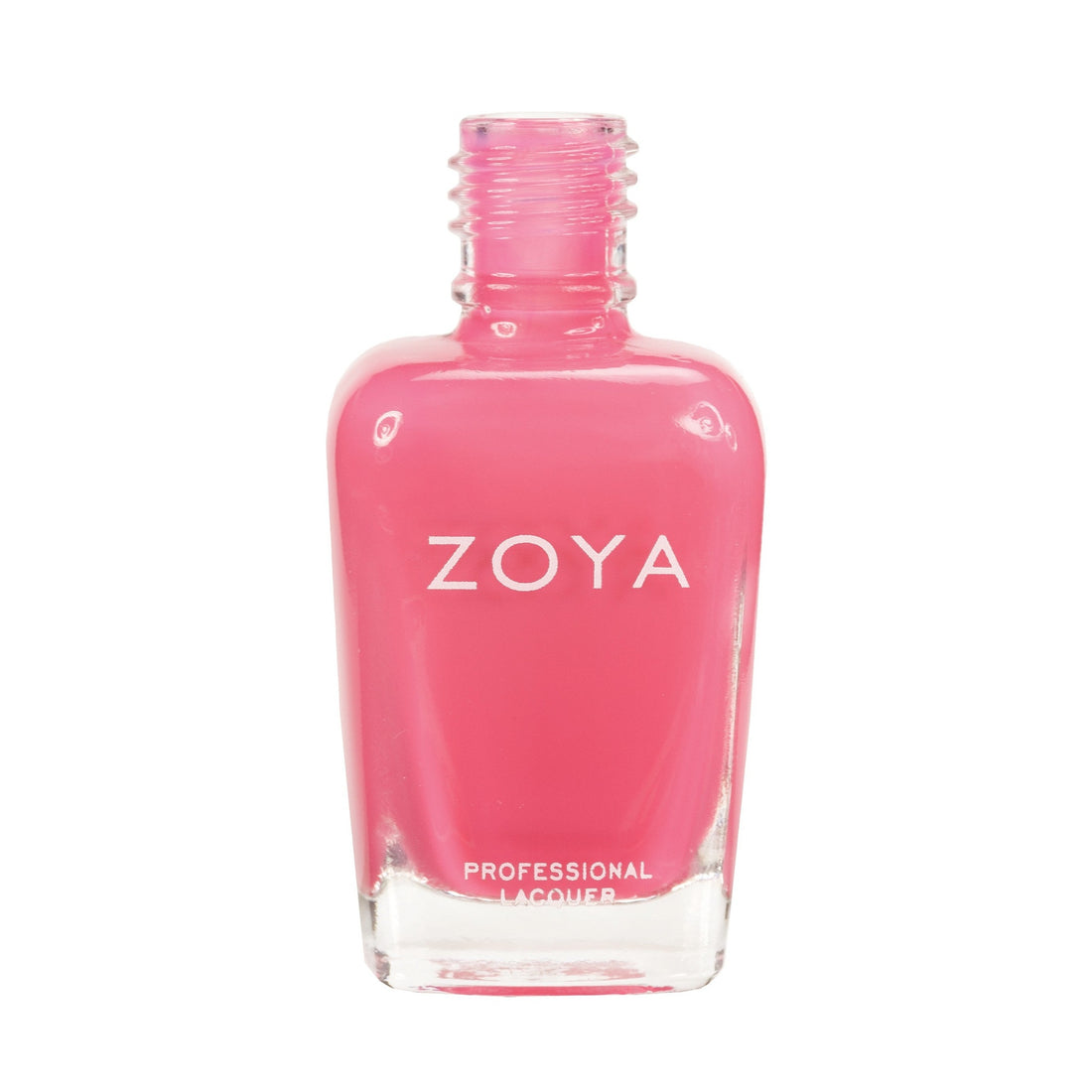 Zoya Lo nail polish bottle with a sleek black cap and clear glass showing vibrant coral-orange nail polish.