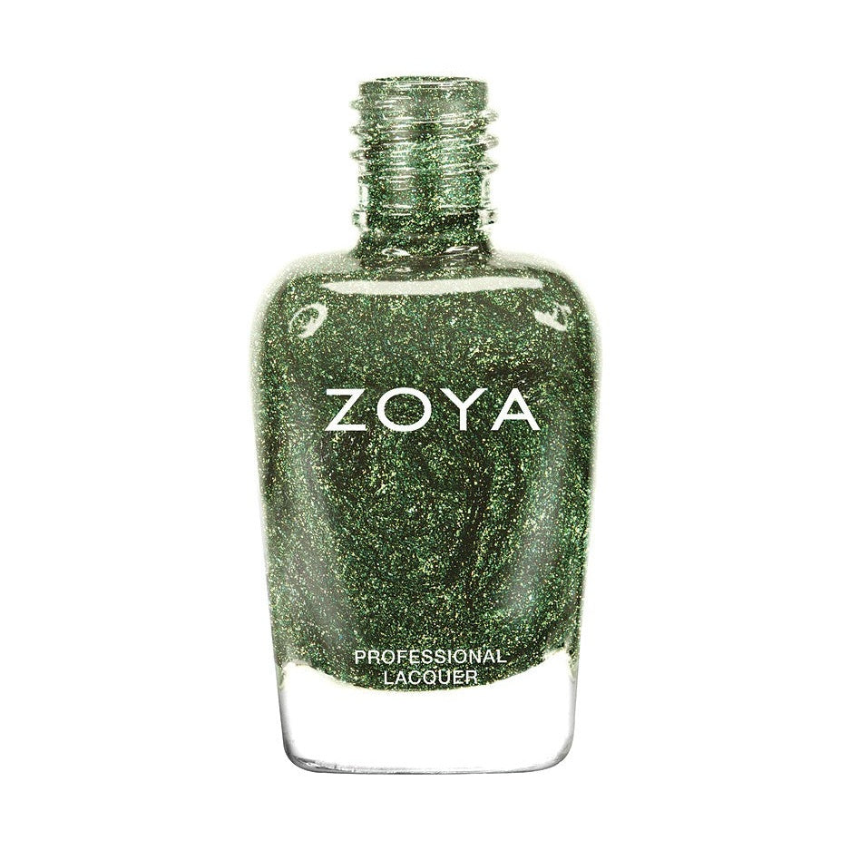 Zoya Logan nail polish bottle with deep plum color, displayed against a neutral background.