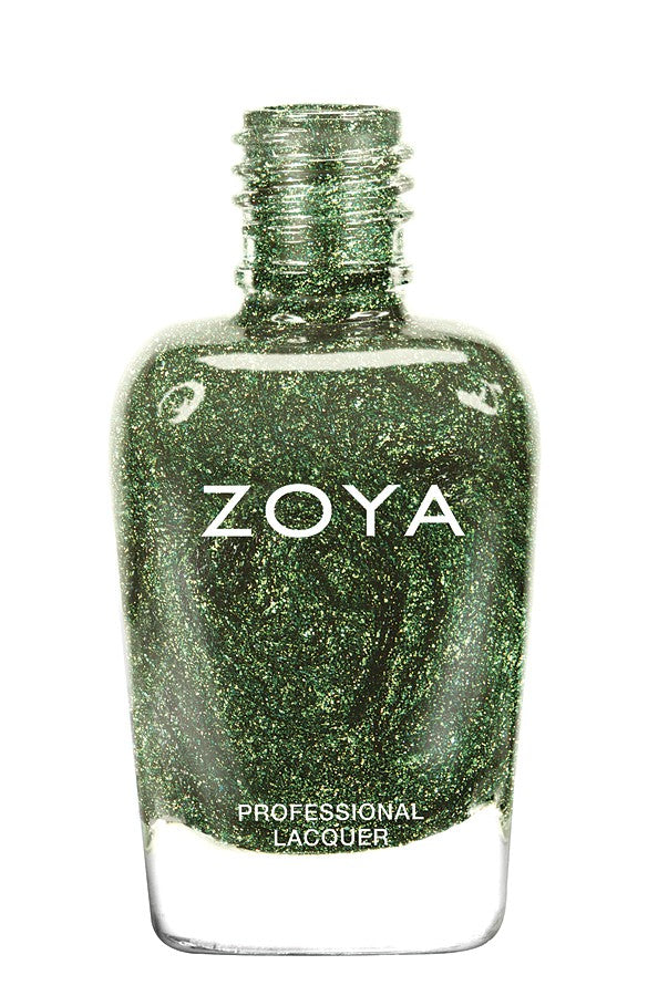 Zoya Logan nail polish bottle with deep plum color, displayed against a neutral background.