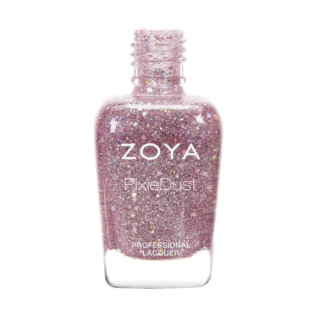 Zoya Lux nail polish bottle with sleek black cap and clear glass showing shimmering lavender polish inside.