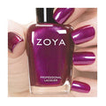 Zoya Mason nail polish in a deep mauve shade with a glossy finish displayed in its bottle against a neutral background.