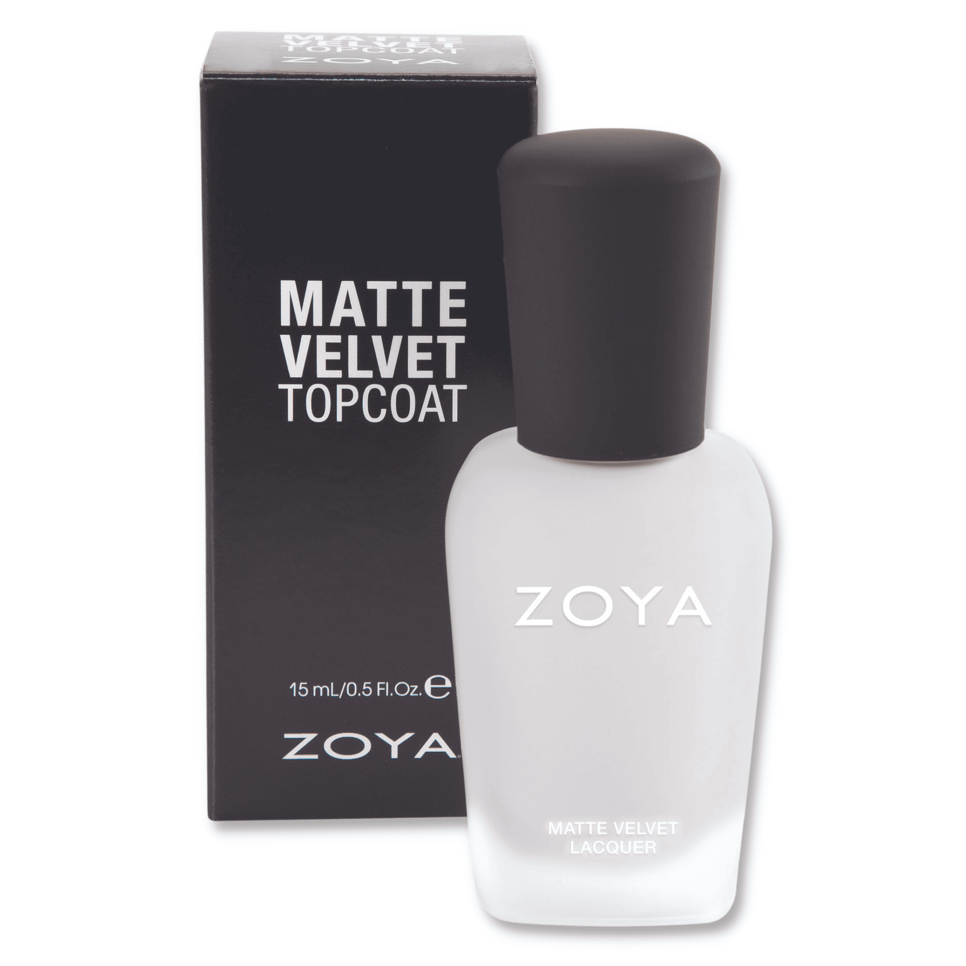 Zoya Mattevelvet top coat nail polish bottle with matte velvet finish label, showcasing the Zoya brand and product packaging.