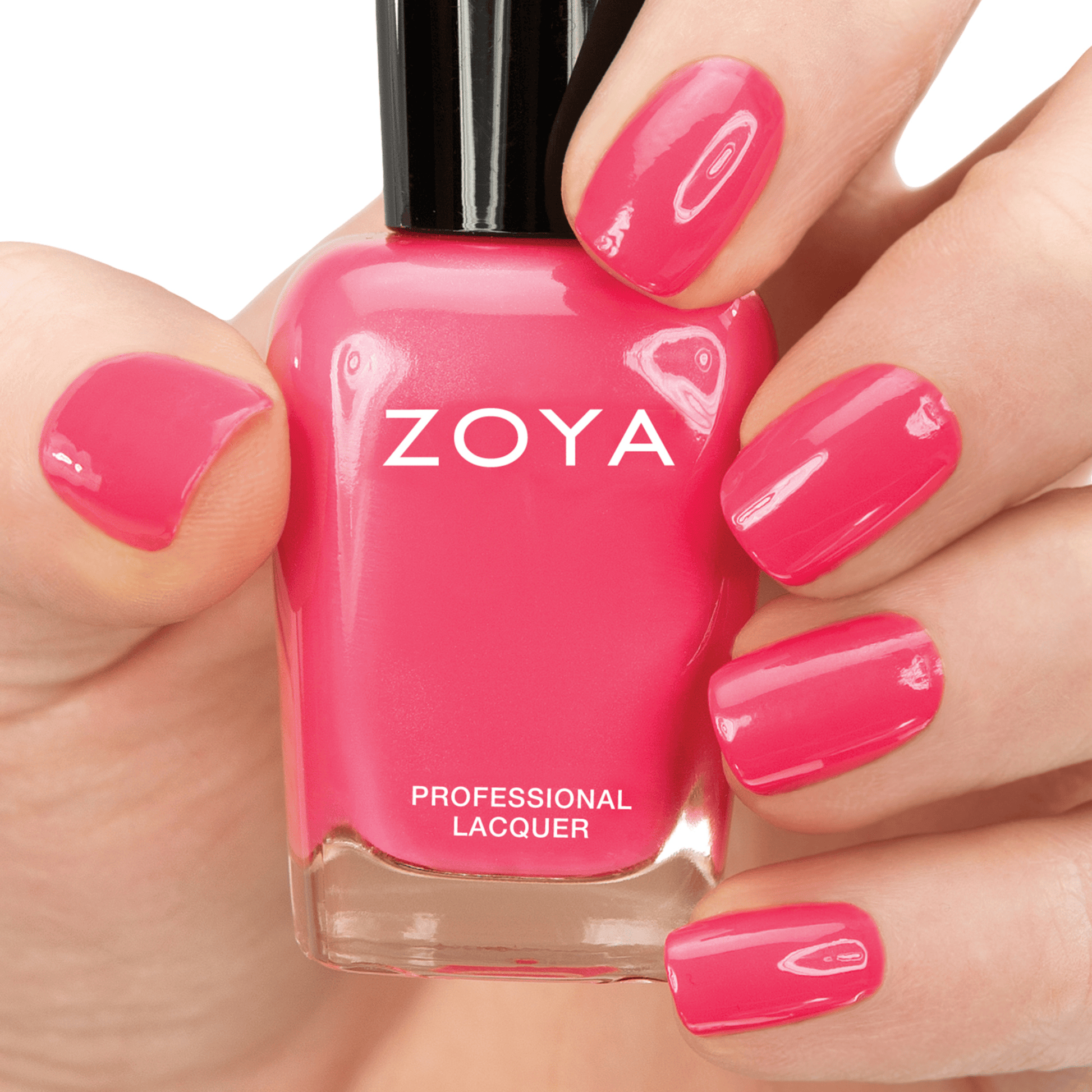 Zoya Micky nail polish bottle with vibrant pink color, displayed against a neutral background, showcasing the Zoya nail polish brand.