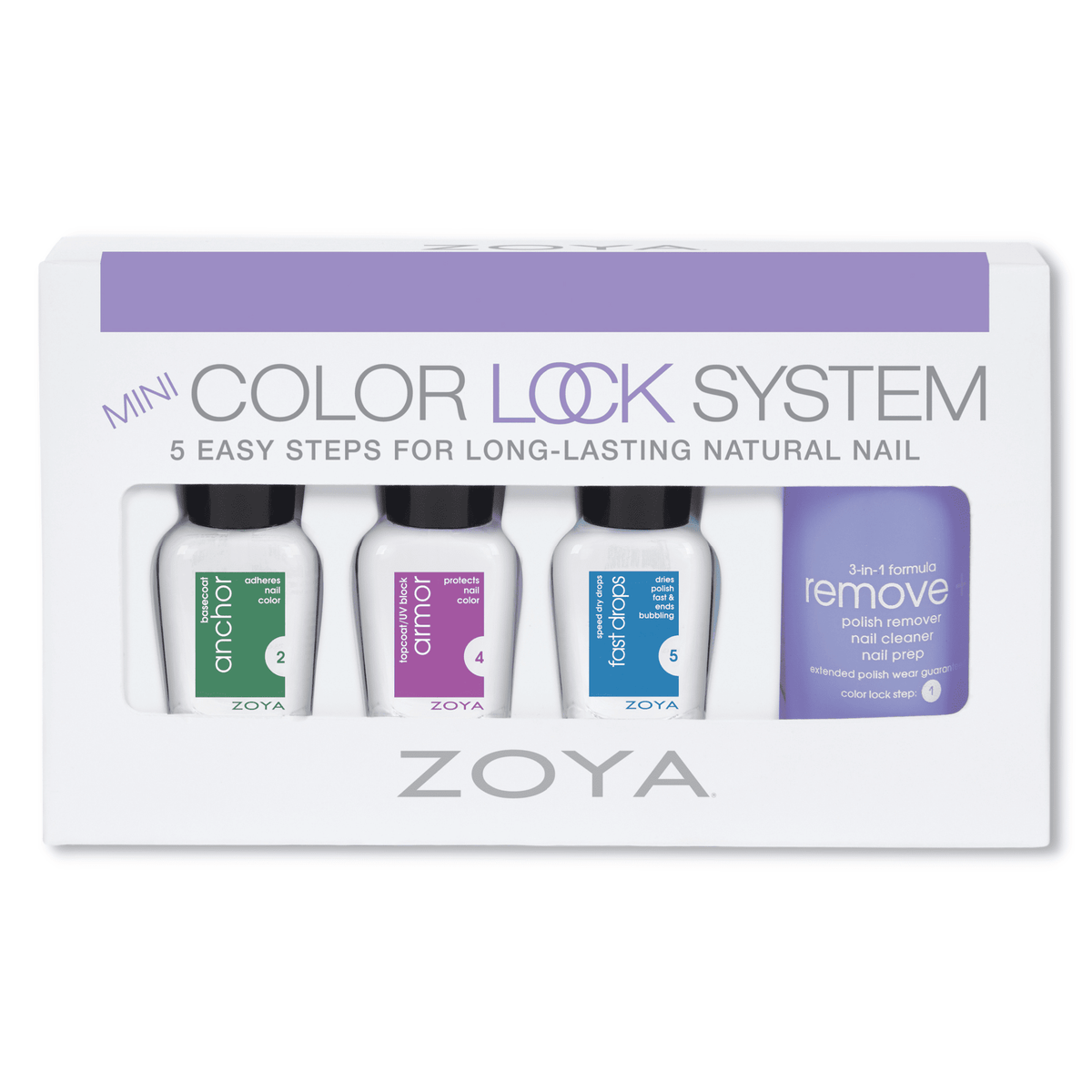 Zoya Mini Color Lock Kit featuring small bottles of nail polishes with color lock formula for long-lasting manicures.