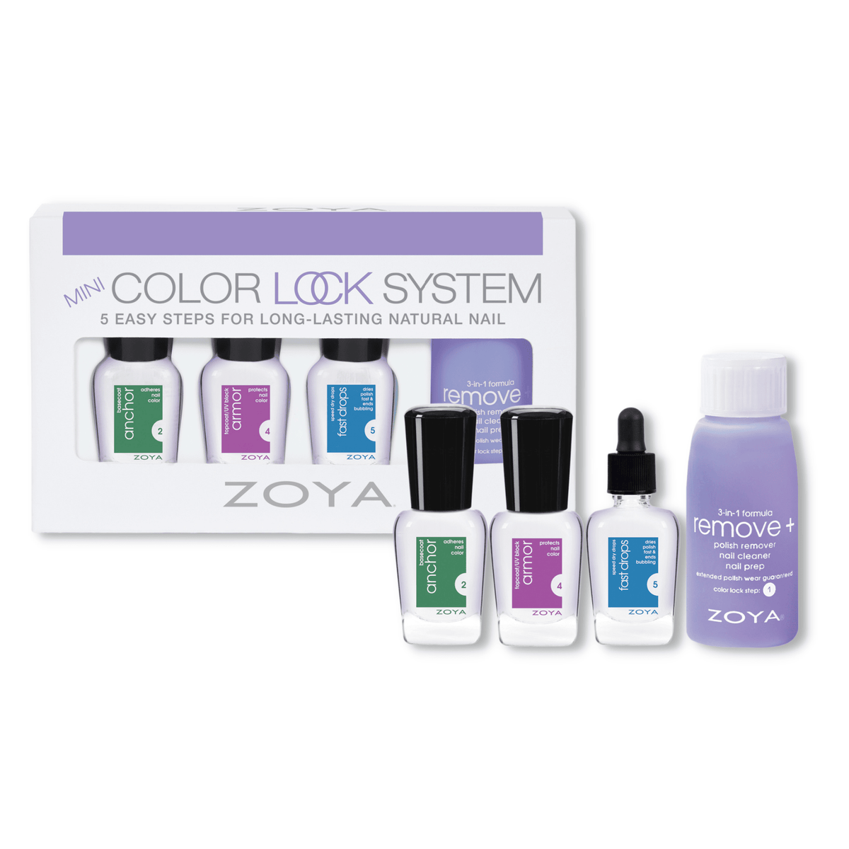 Zoya Mini Color Lock Kit with assorted nail polishes in small bottles, featuring vibrant colors and color protection for nails.