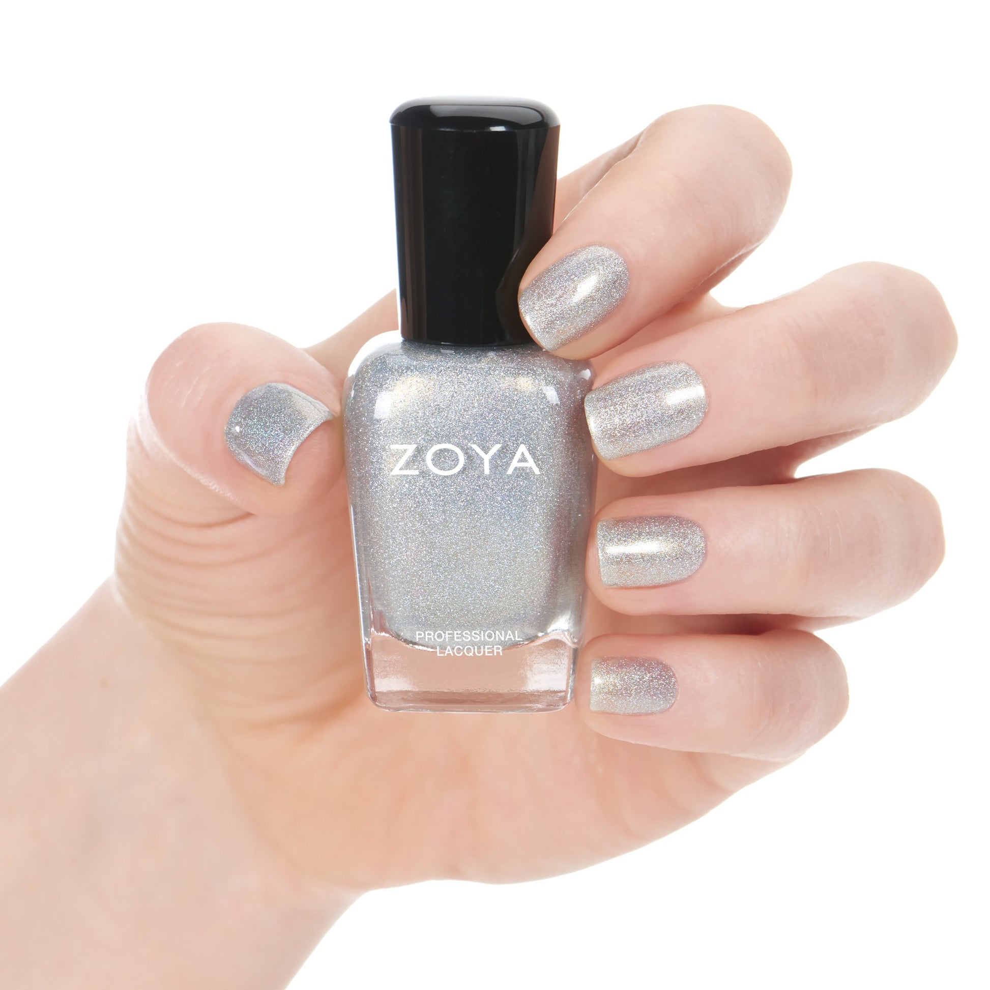 Close-up of Zoya Alicia nail polish bottle with vibrant pink-colored polish and sleek Zoya branding.