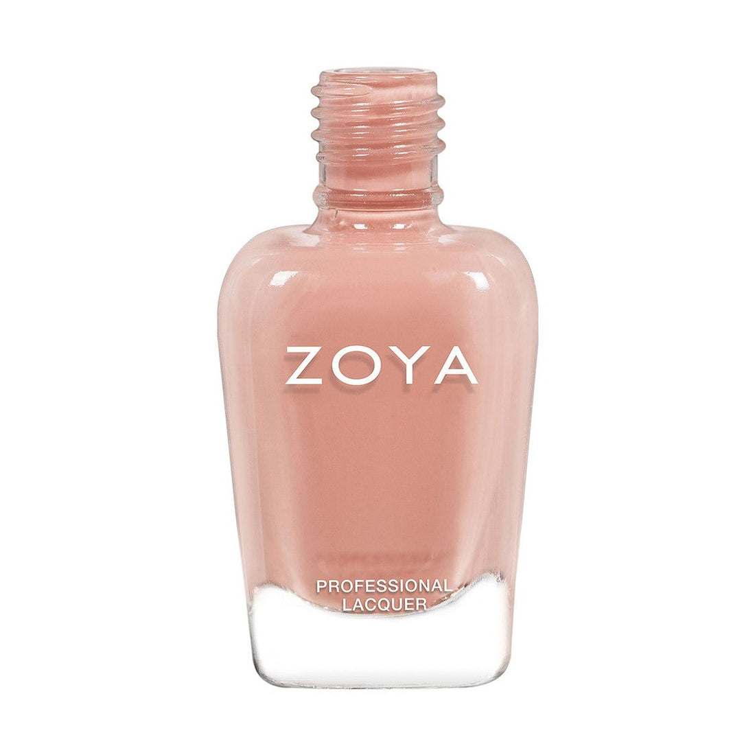 Zoya Cathy nail polish bottle with pastel pink shade, featuring a clear glass container and white cap, displayed on a white background.