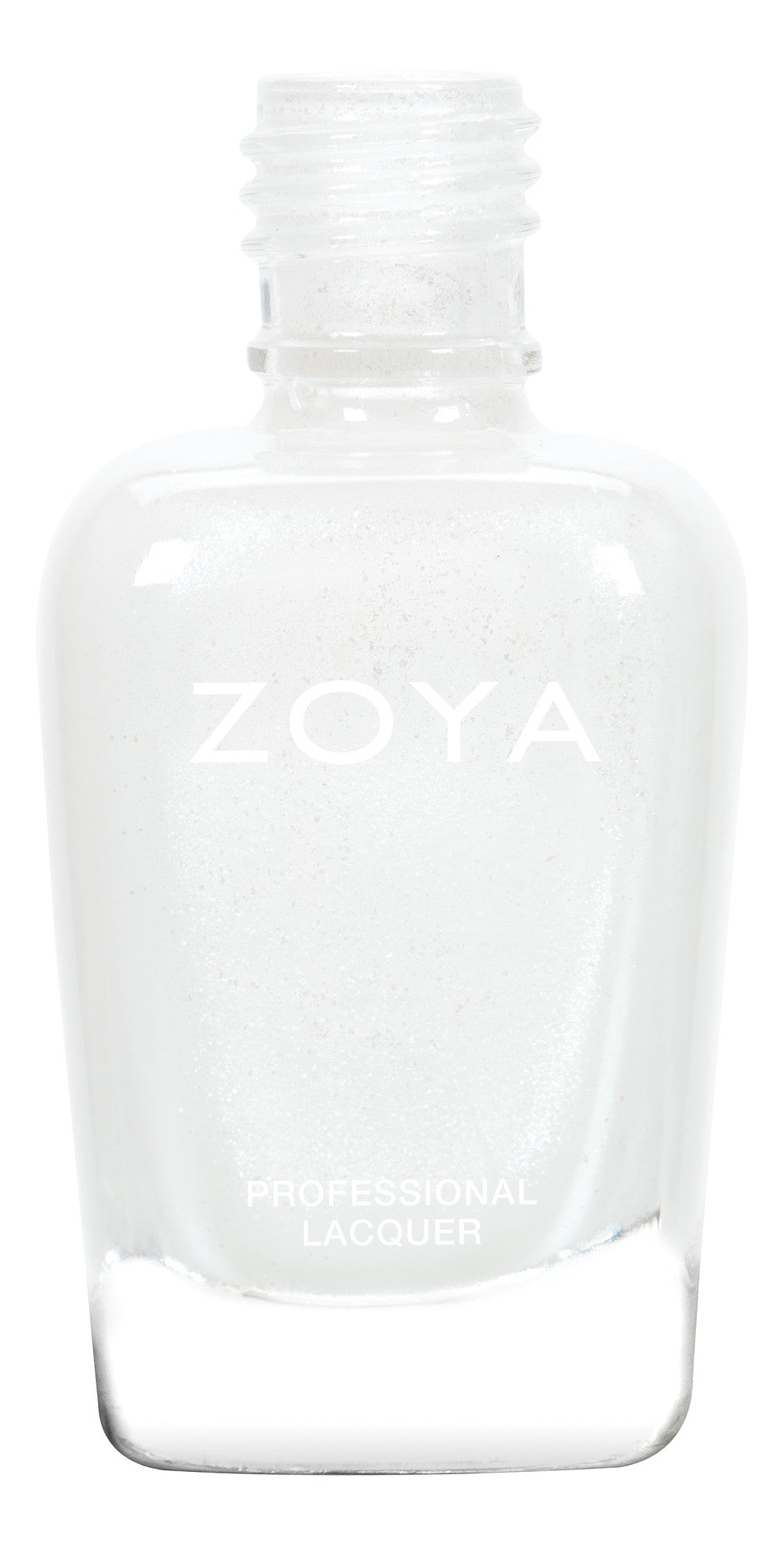 Close-up of Zoya Genesis nail polish bottle with sleek black cap and clear glass showcasing the vibrant nail polish color inside.
