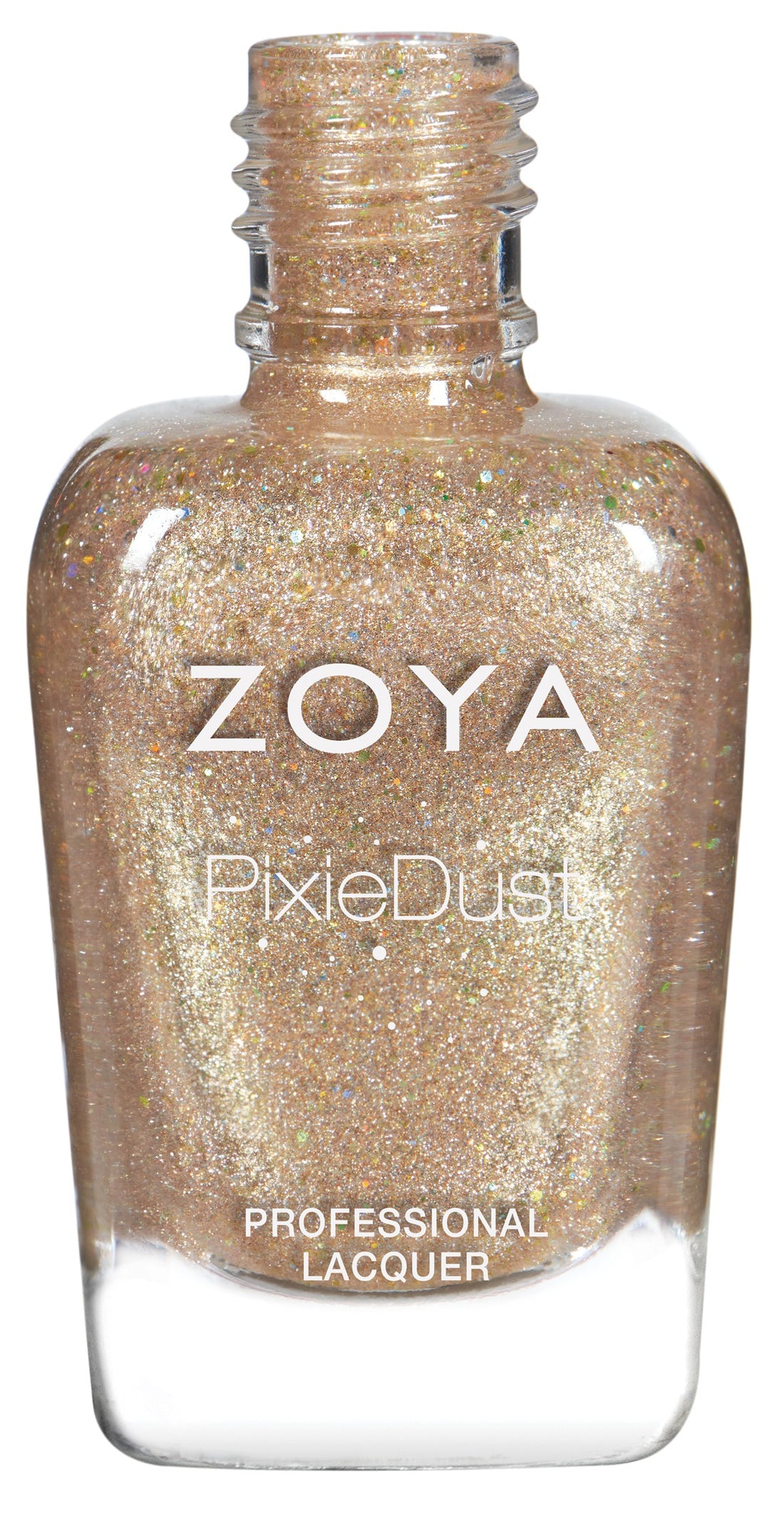Zoya Levi nail polish bottle with a sleek black cap and clear glass displaying the beige nail polish color.