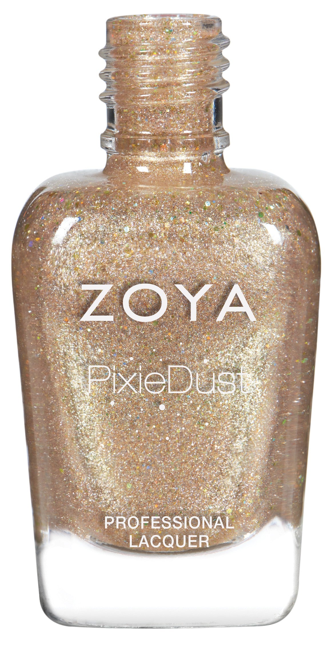 Zoya Levi nail polish bottle with a sleek black cap and clear glass displaying the beige nail polish color.
