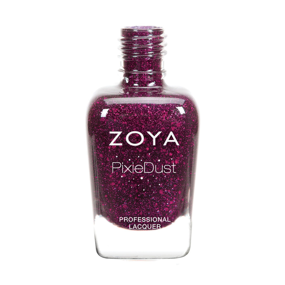 Zoya Noir nail polish bottle with black cap and clear glass, showcasing dark, glossy nail polish in a sleek design.