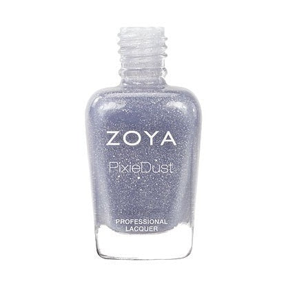 Zoya Nyx nail polish bottle with black cap and clear glass showing dark purple polish inside, on a white background.