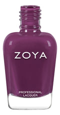Zoya Ripley nail polish bottle with deep plum color, featuring the Zoya logo on the label.