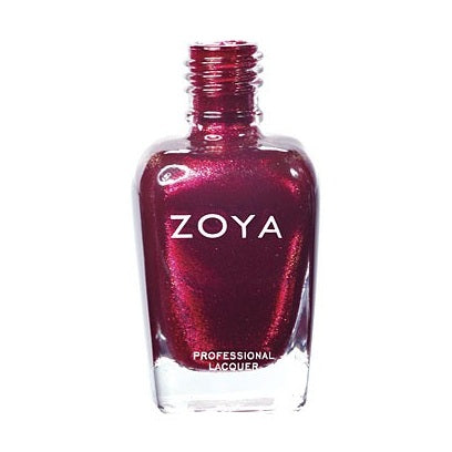 Zoya Sarah nail polish bottle with vibrant pink shade, showcasing the Zoya brand and product label.